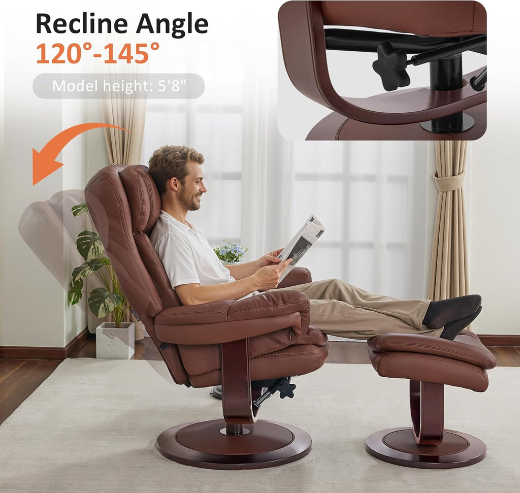 Modern Reclining Swivel Lounge Chair and Ottoman — Brown Faux Leather