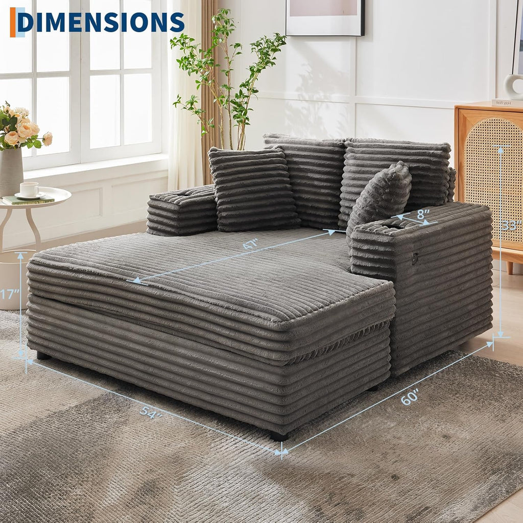 60-inch Oversized Chaise Lounge Chair Indoor, Comfy Corduroy Lounge Sofa with Charging Station, Cup Holders & Throw