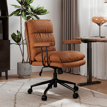 Mid Century Modern Leather Office Chair with Wheels -Brown