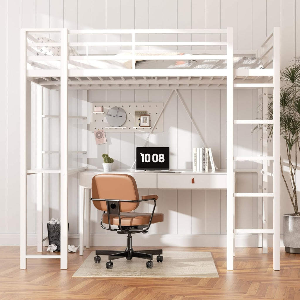 Full Loft Bed with Desk, Metal Frame with 2 Side Ladders, Storage Shelves, Safety Guardrail