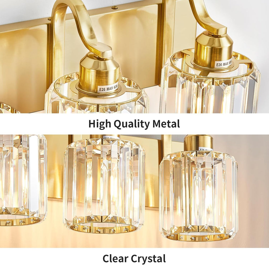 3-Light Gold Bathroom Light Fixtures,Modern Bathroom Vanity Lights Fixture with Clear Crystal Glass Shade, Modern