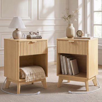 17.7" Tall Nightstand with Charging Station, Set of 2, Light Oak