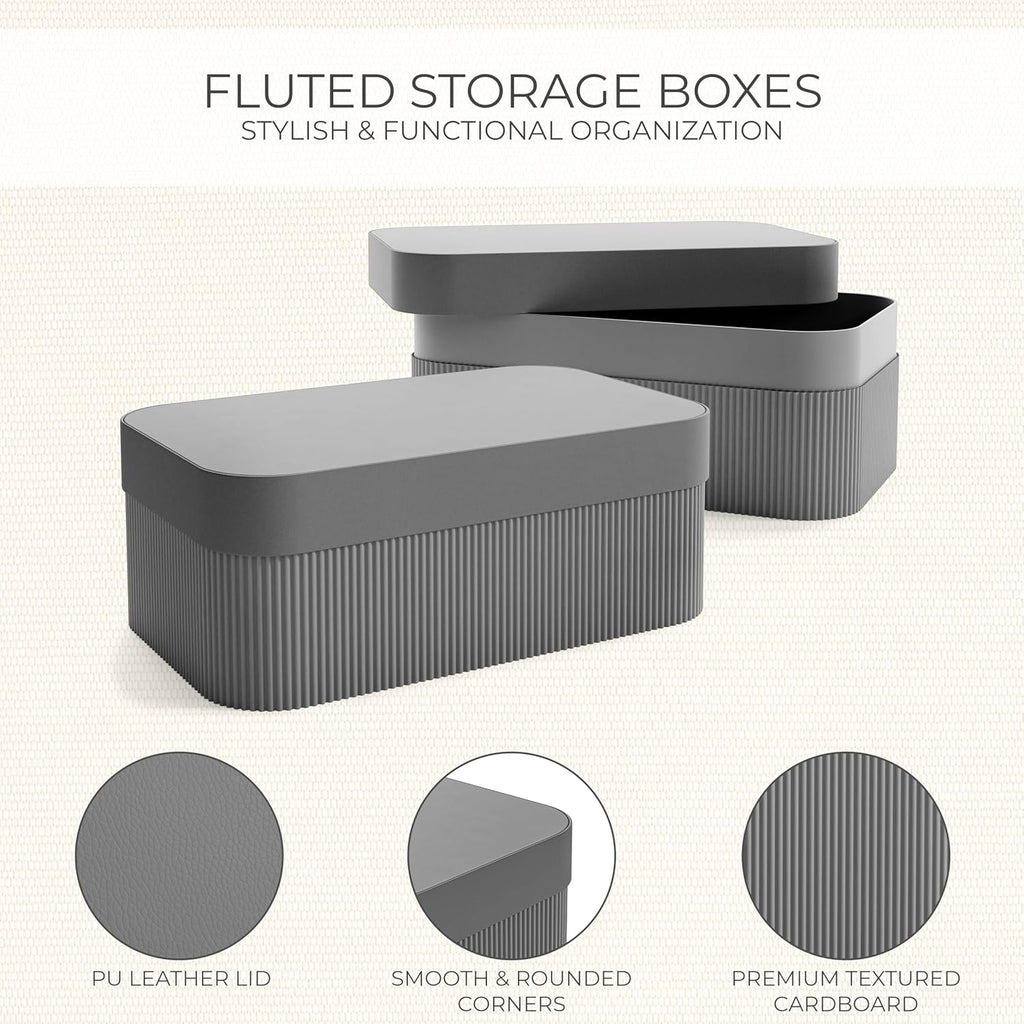 Decorative Storage Boxes with Lids Fluted Photo Organizer Bins - Set of 2