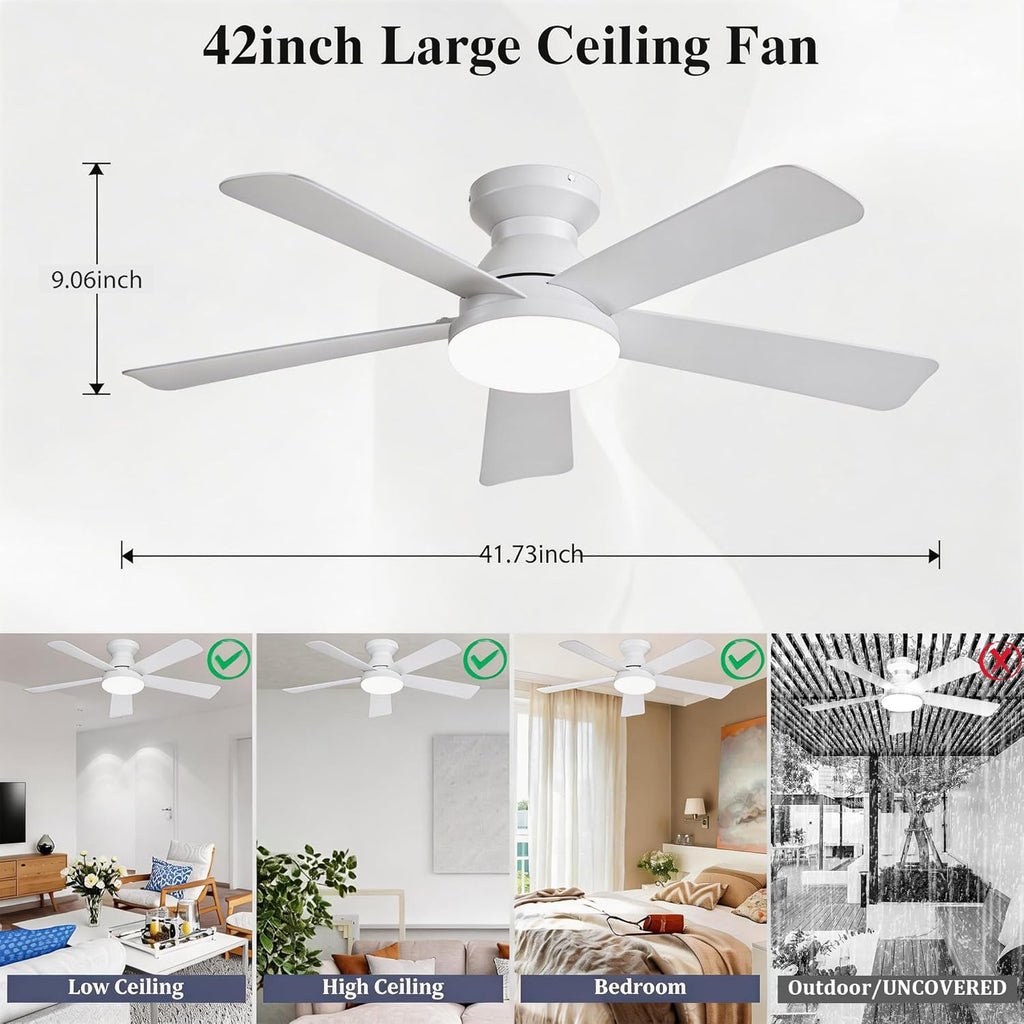 Smart Ceiling Fans with Lights Remote - 42'' WiFi Alexa Flush Mount Low Profile Modern Ceiling Fans - Stepless Color