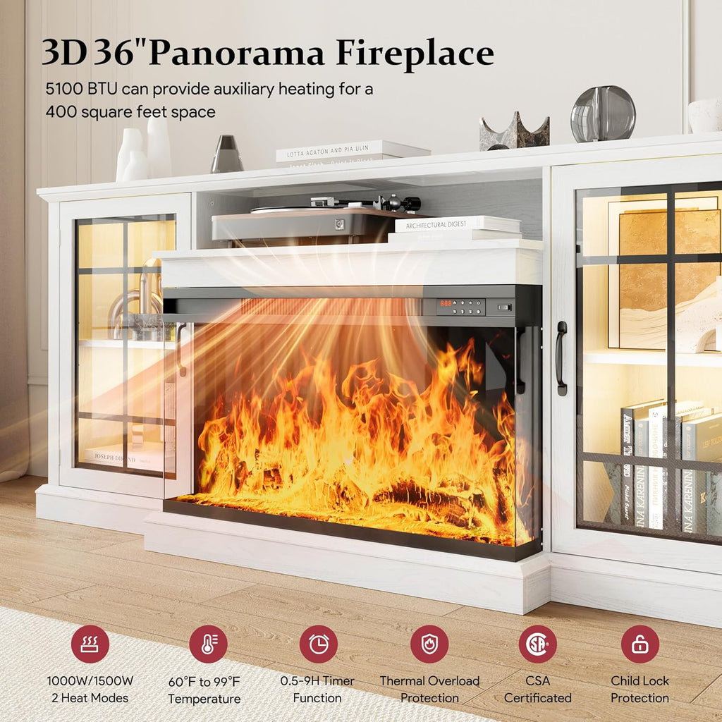 80'' Fireplace TV Stand, Farmhouse Entertainment Center with 3 Sided Glass TV Stand, Modern Media Console Table with Storage Drawers & Cabinets with LED Flame and Lights for Living Room, White