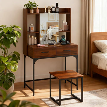 Vanity Desk with Mirror and Stool, Industrial Dressing Table with Power Outlet, 4 Shelves, 2 Storage Drawers, Bedroom
