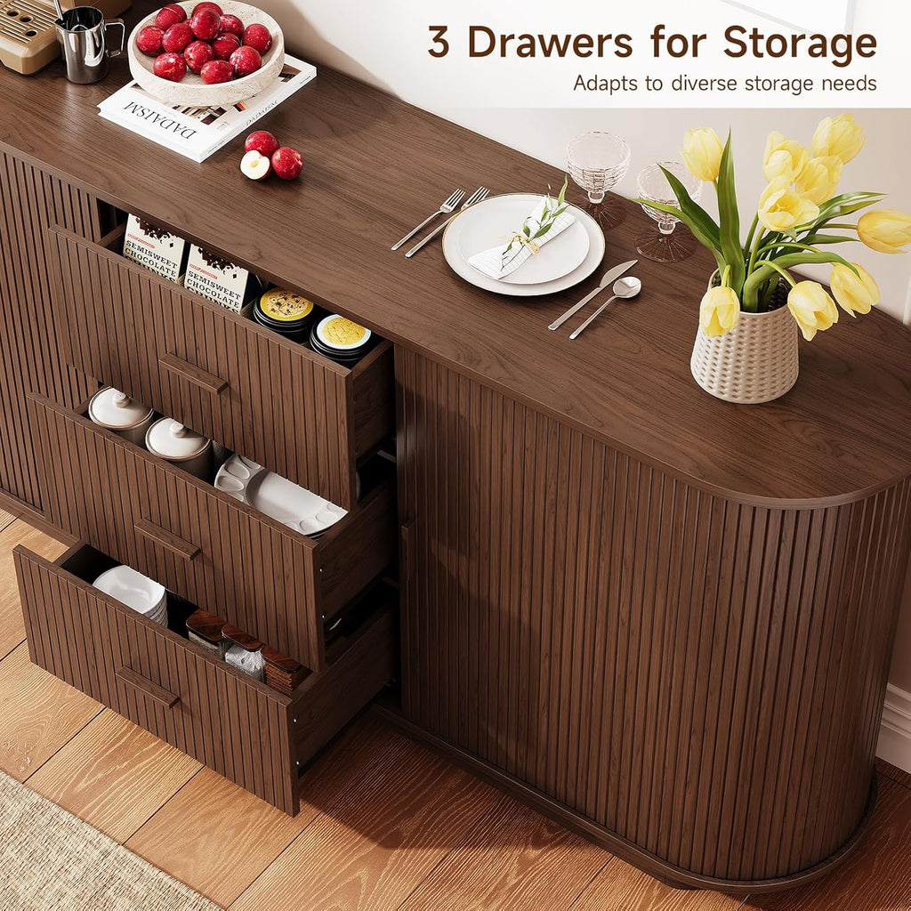 63" Fluted Sideboard Buffet Cabinet with 3 Drawers & 2 Doors, Mid-Century Modern Buffet Sideboard Cabinet with Storage