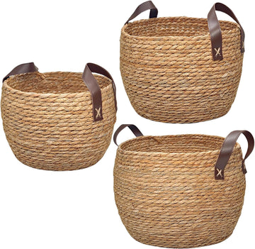 Round Seagrass Storage Baskets Woven Wicker Planter Baskets for Decor | Decorative Basket for Blankets, Plants