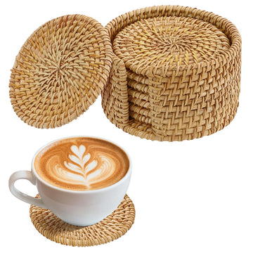 Handmade Nature Rattan Coasters Set of 8 with Holder, Fall Home Table Decor