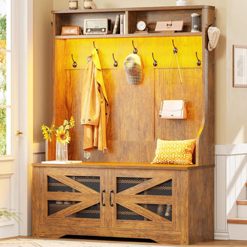 Hall Tree with Bench and Shoe Storage, 5-in-1 Entryway Bench with Coat Rack, 10 Shoe Cubbies & 9 Coat Hooks, Barn