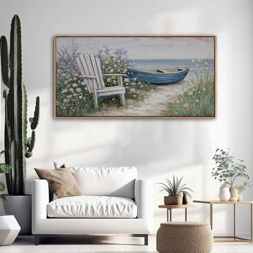 Large Coastal Canvas Wall Art - Ocean Landscape Canvas Wall Decor Picture Blue Boat Beach Scenery Painting & Coast