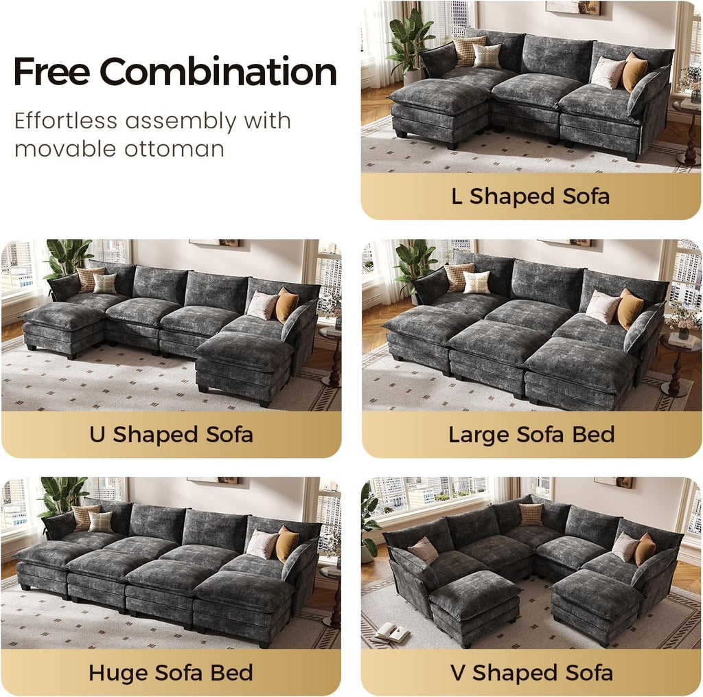120" Modular Sectional Sofa for Living Room, U-Shaped 6 Seater Convertible L-Shaped Cloud Couch with Ottoman