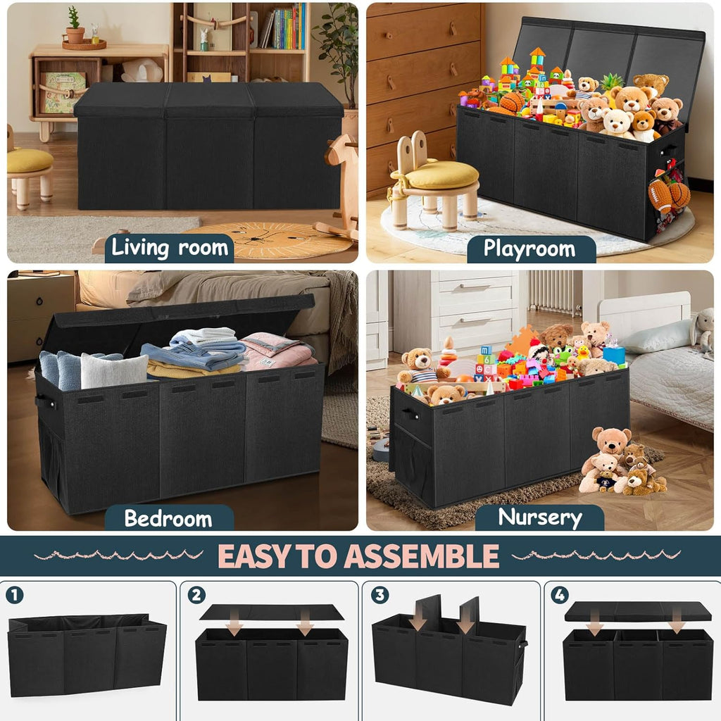Extra Large Toy Box with Lids, Collapsible Storage Bin, 38"x16"x14",Black | Sturdy Chest Basket with Dividers for