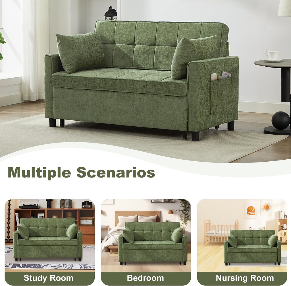 57" Chenille Convertible Sofa Bed, Full Size Loveseat Sleeper Sofa with USB & Type-C Port, Adjustable Backrest