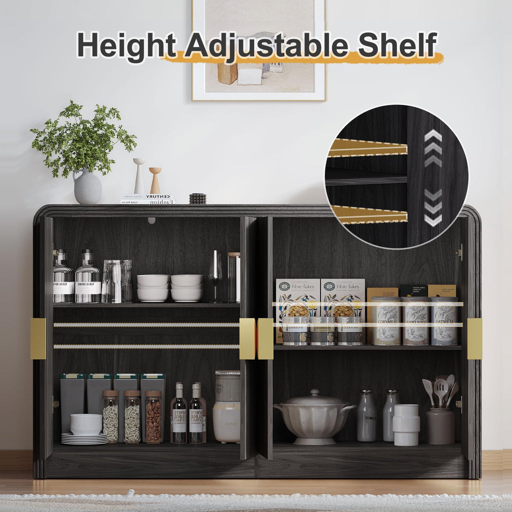 55" Fluted Buffet Sideboard Cabinet with Storage, Modern Mid-Century Buffet Cabinet with Adjustable Shelves, Coffee