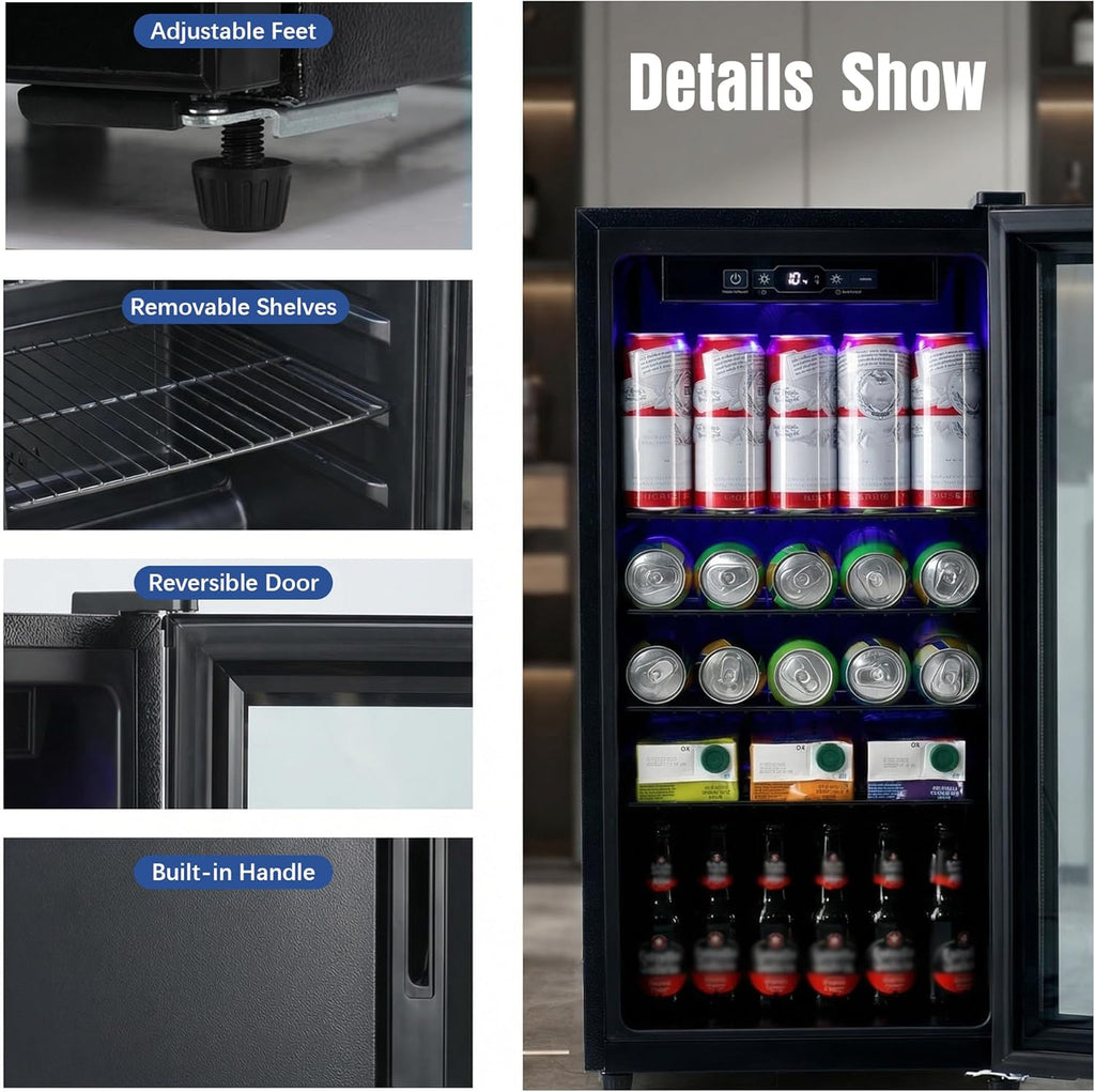 Beverage Refrigerator, 160 Can Mini Fridge Glass Door for Soda, Beer or Wine wit