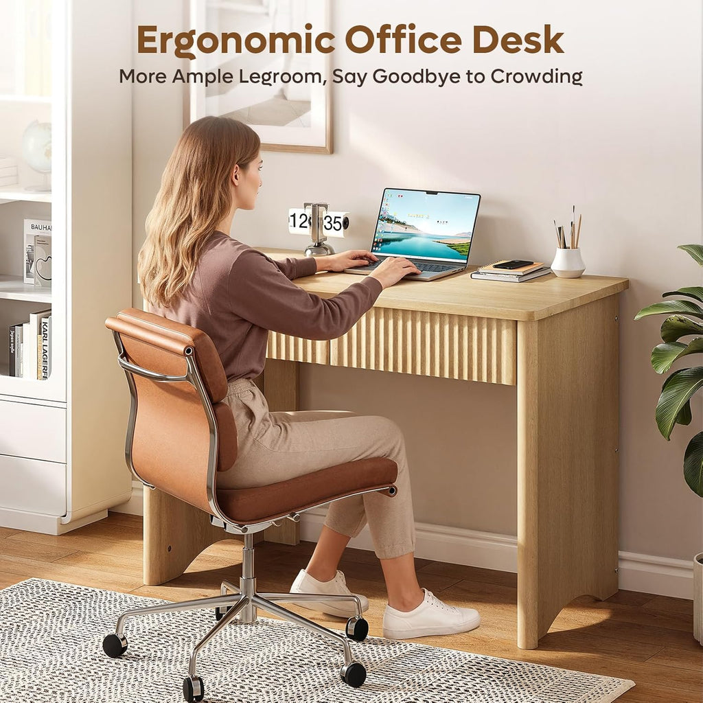 Fluted Computer Desk with 2 Drawers, 40 Inch Small Wooden Writing Study Work Desk, Computer Table