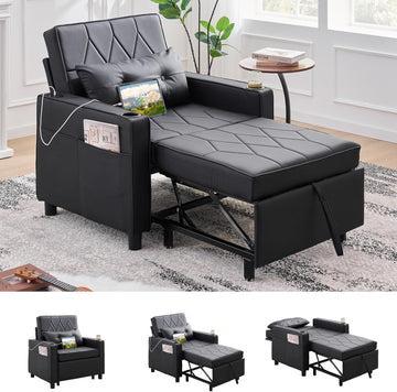 Faux Leather Convertible Sleeper Chair Bed, Single Pull Out Sofa, Black | , 3-in-1, USB & Type-C Charging Ports, Cup