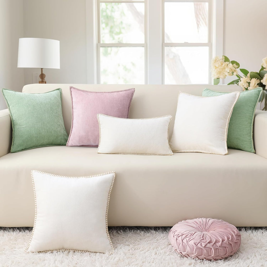Summer Chenille Soft Cozy Throw Pillow Covers 26x26 Set of 2, Modern Farmhouse Boho Velvet Decorative Euro Sham