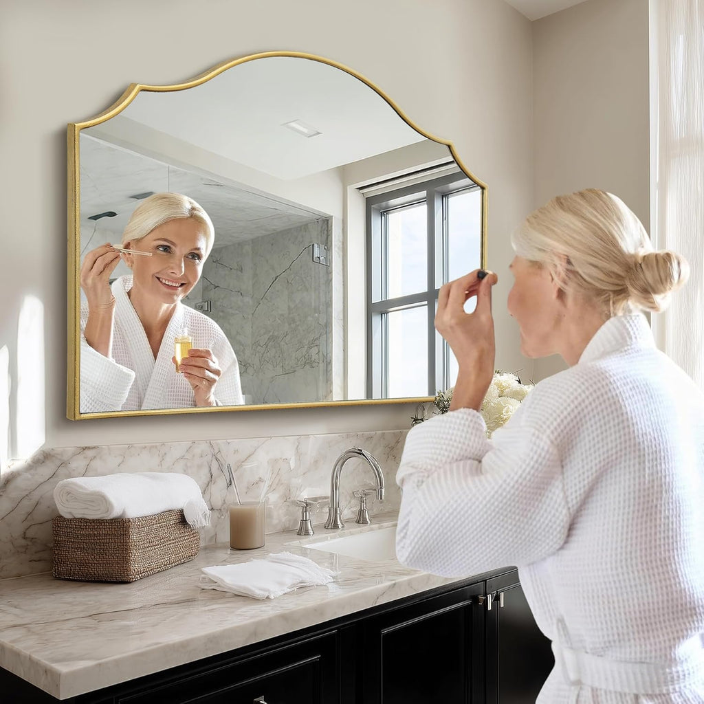 Gold Scalloped Wall Mirror: 40"x29" Large Modern Minimalist Bathroom Mirror - Decorative Vanity Arched Mirrors for