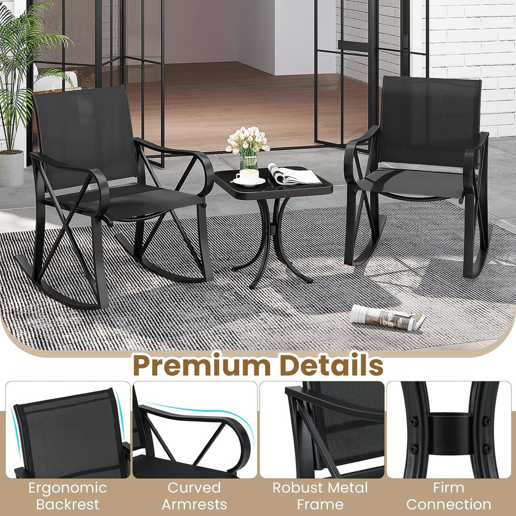 3 Piece Patio Rocking Set, 2 Rocking Chairs with Tempered Glass Side Table, Small Patio Furniture Set with Smooth