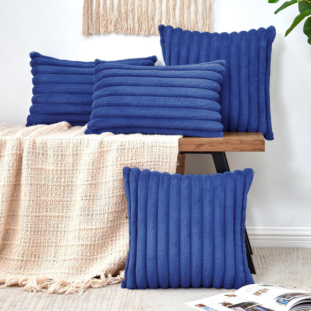 Throw Pillow Covers Decorative Faux Fur Set of 2 12x20 Inch Pillow Covers, Soft Navy Blue Lumbar Plush Striped