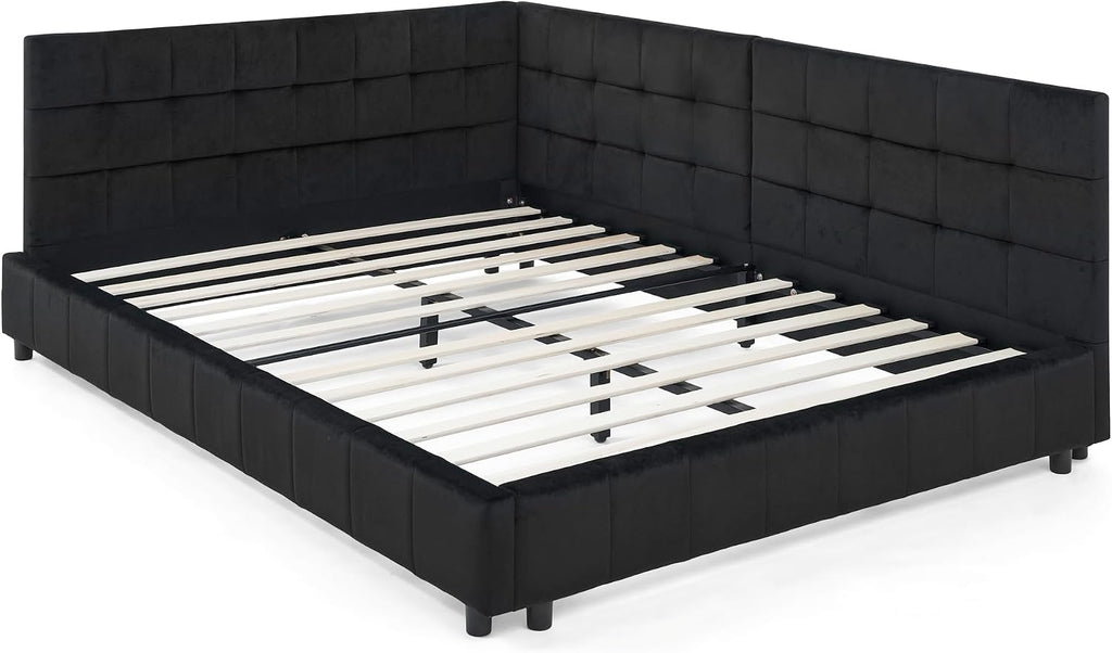 Queen Size Upholstered Daybed, Queen Corner Bed with L Shaped Headboard, Velvet Day Bed Floor Bed Frame Guest Room