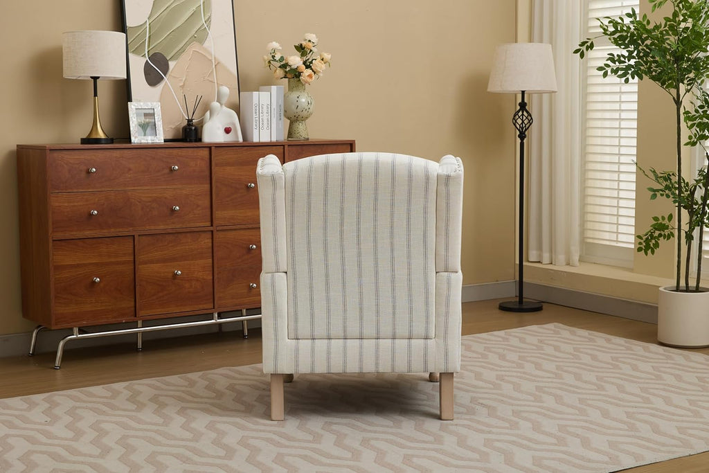 Striped Wingback Accent Chair with Wood Legs, Upholstered Armchair | Striped wingback accent chair with foam