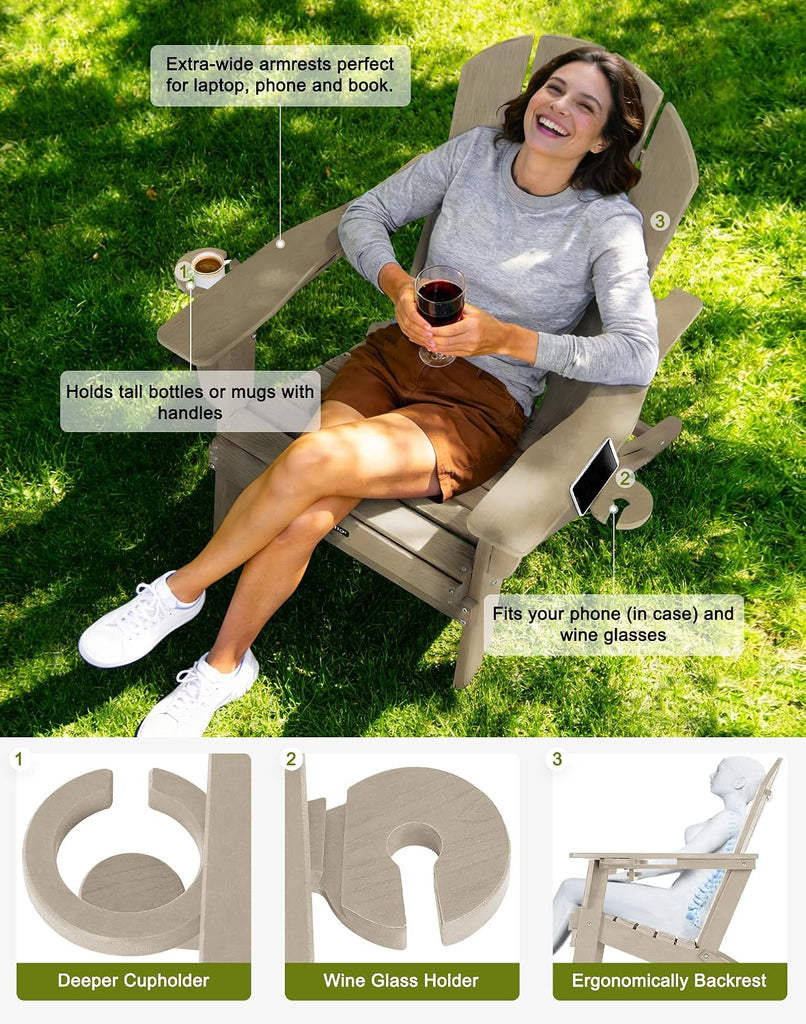 Adirondack Chair HDPE Cup Holders Heavy Duty Patio Woodgrain Sand