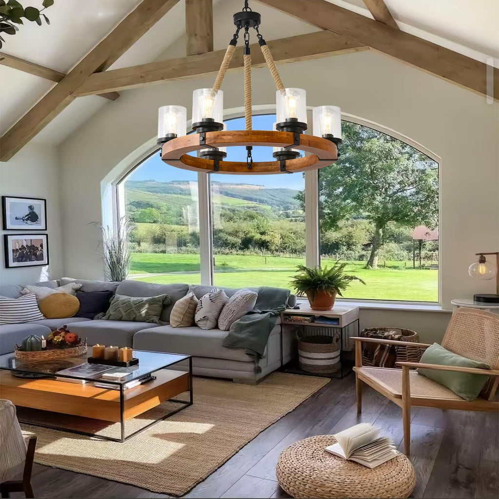 Inspired Camino Style Chandelier - 6 Light Wooden Wagon Wheel Chandelier with Seeded Glass Shade, Rustic Farmhouse Pendant for Dining Room, Kitchen and Entryway