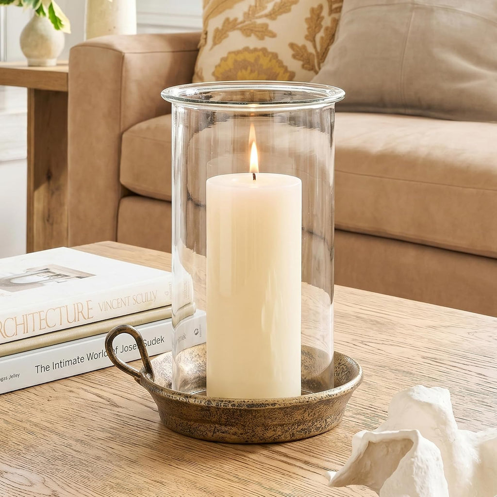 Rustic Pillar Candle Holder with Glass Hurricane Shade, Vintage Brass Cast Iron Candle Holder for 3 Inch Pillar