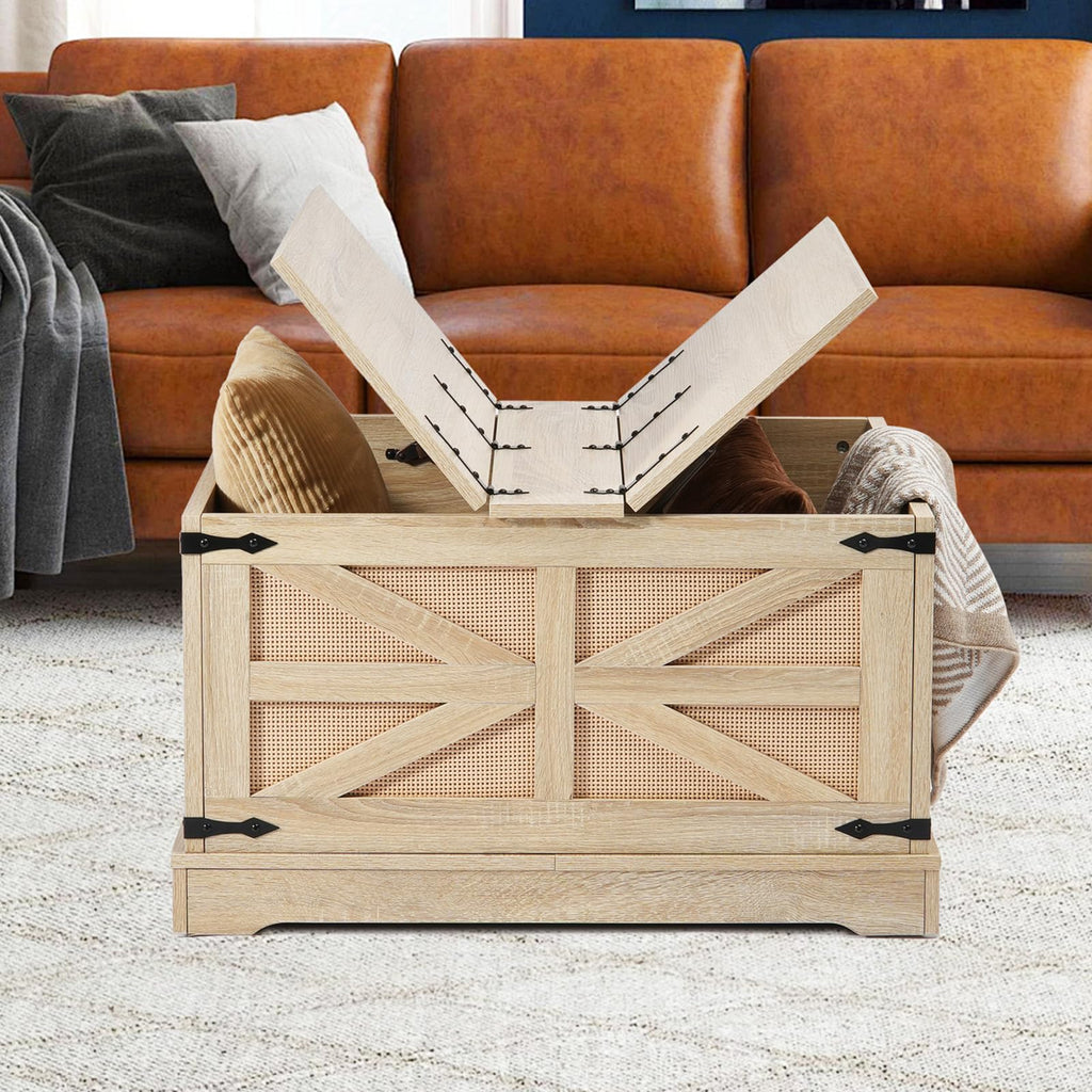 Rattan Coffee Table, Rectangle PE Rattan Woven Wood Coffee Table with MDF Top, 32-Inch Modern Boho Style Storage