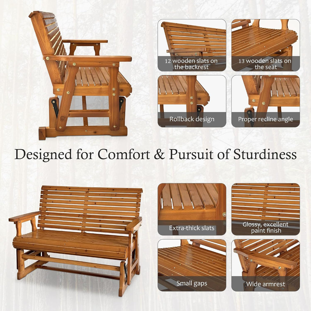 Wooden Patio Glider with High Roll Back and Deep Contoured Seat, Solid Fir Wood, 2-Seater, Heavy Duty 800 LBS, 4 Ft.