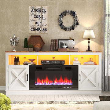 Farmhouse Fireplace TV Stand for 70/75/80 Inch TV, 32"Tall Entertainment Center w/ 36"Electric Fireplace and LED