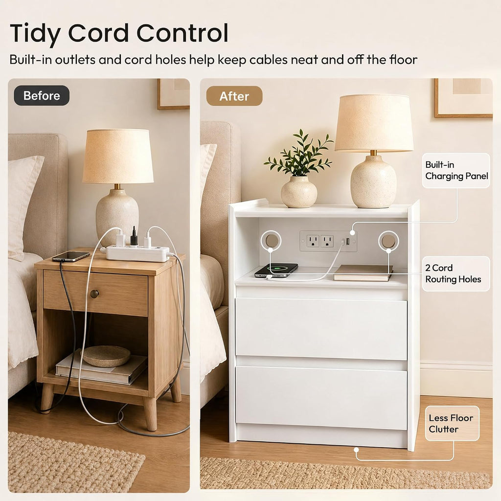 24" Tall Nightstand with Charging Station Including USB-C, Modern Bedside Table and Sofa End Table - White, 2