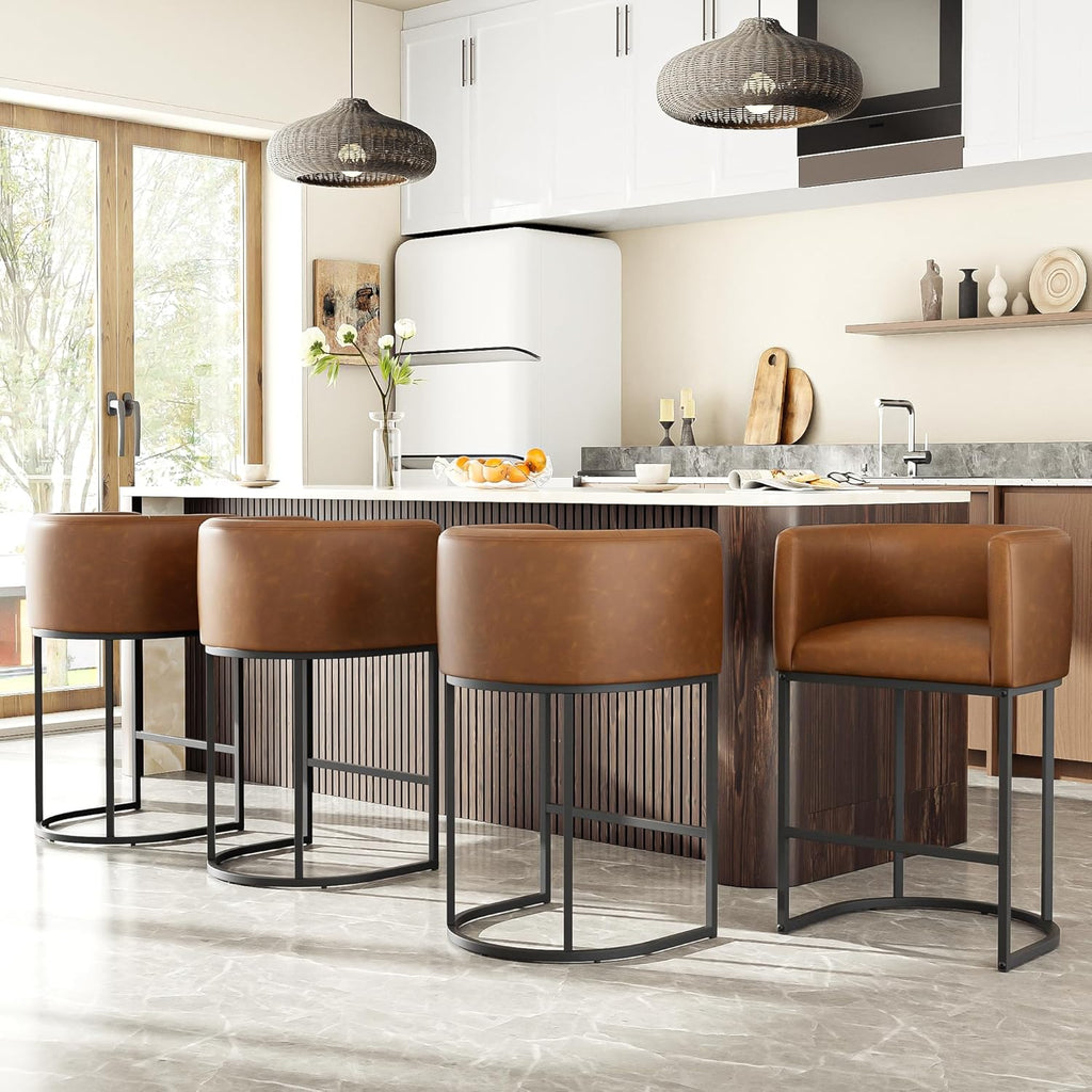 26" H Counter Height Bar Stools Set of 3, Modern Barrel Counter Stools with Backrest and Arms, Faux Leather