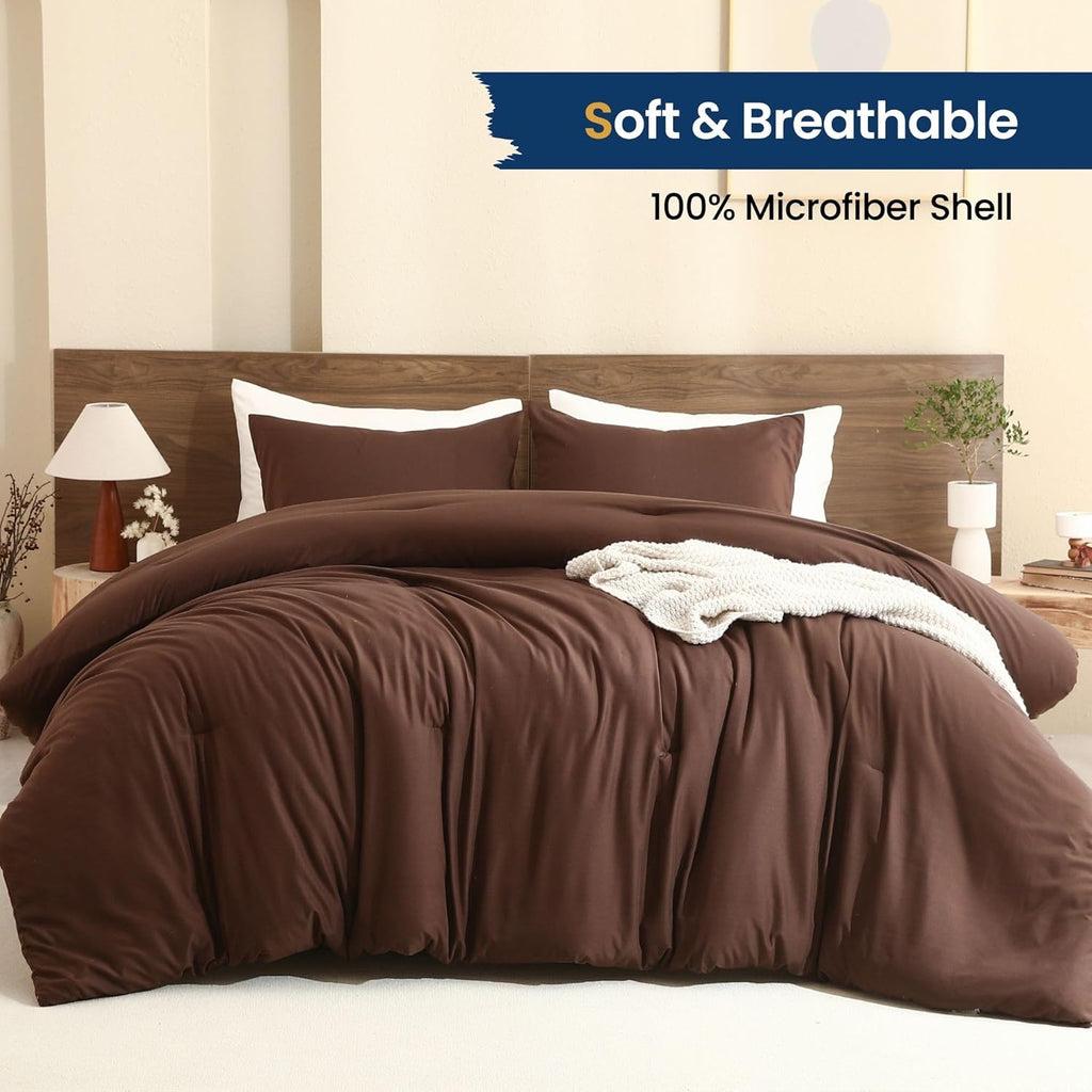 Earthy Brown Comforter, Neutral 3 Pieces Comforter Set, Lightweight Solid Bedding Set
