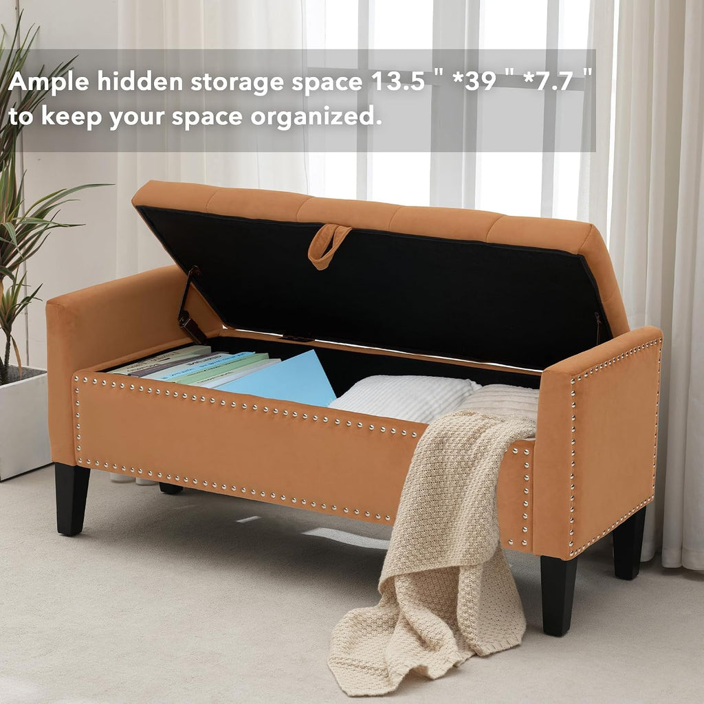 Velvet Ottoman with Storage, 46'' Upholstered Button Tufted End of Bed Bench with Arms, Modern Storage Bench , Orange
