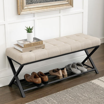 44.5" End of Bed Bench with Shelf, Linen Tufted Upholstered Storage Shoe Bench, Modern Bedroom Bench with Metal Legs