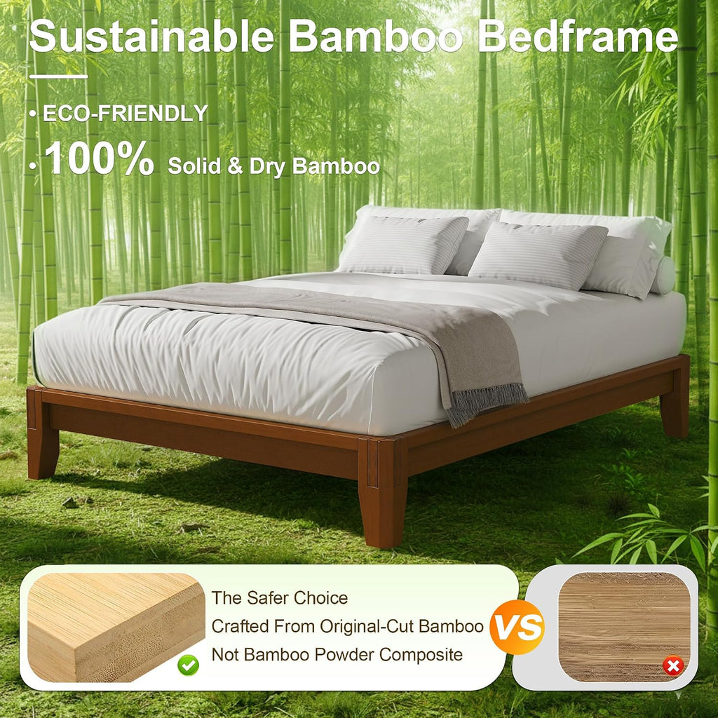 Queen Solid Bamboo Bed Frame, Japanese Joinery Platform Bed Frame(Walnut)