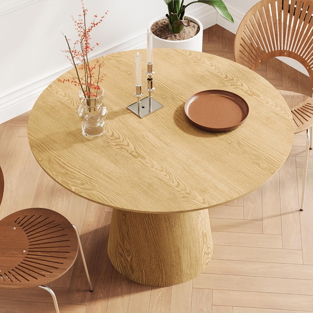 43" Round Dining Table for 4, Modern Natural Wood Grain Dining Table with Cone Wood Pedestal Base, Circle Dining Room