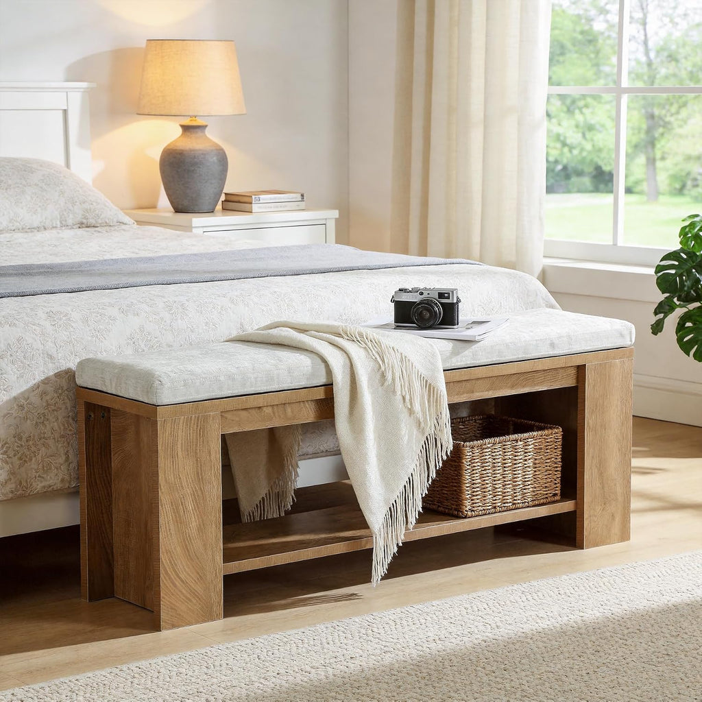 Upholstered Entryway Bench, 47-Inch Long Farmhouse End of Bed Bench with Padded Seat and MDF Frame, Rustic Indoor