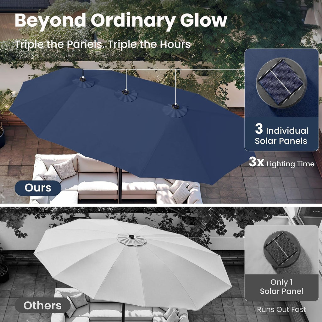 15ft Large Patio Umbrella with Base & Solar Lights,Rectangle,Navy | Outdoor Double-Sided Rectangular Umbrella with