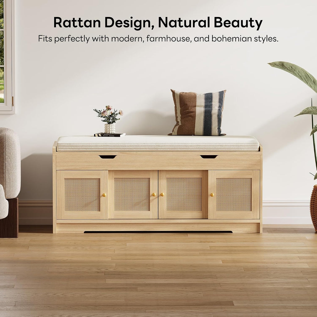 47.2" Shoe Bench with Lift Top Storage, Entryway Bench with Cushioned Seat, 2-Tier Rattan Shoe Cabinet with