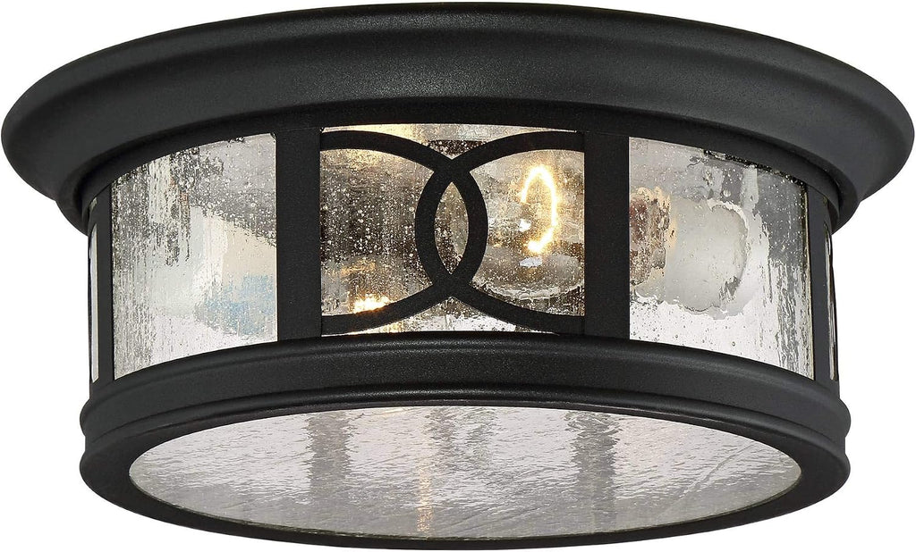 Capistrano Mission Flush-Mount Outdoor Ceiling Light Fixture Black 12" Seedy Glass Damp Rated for Exterior House