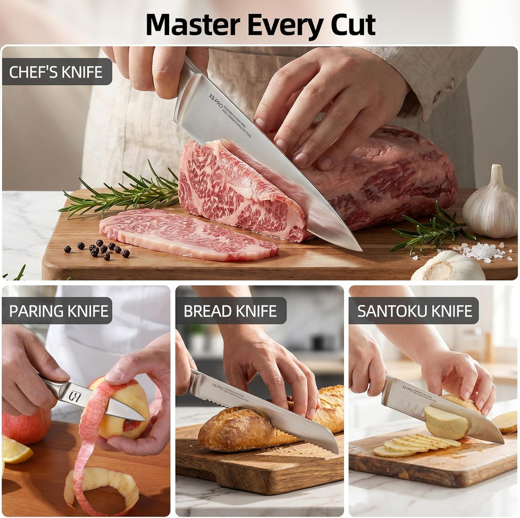 Kitchen Knife Set with Block and Detachable Sharpener | 8-Piece High Carbon Stainless Steel Knife Block Set, Fully