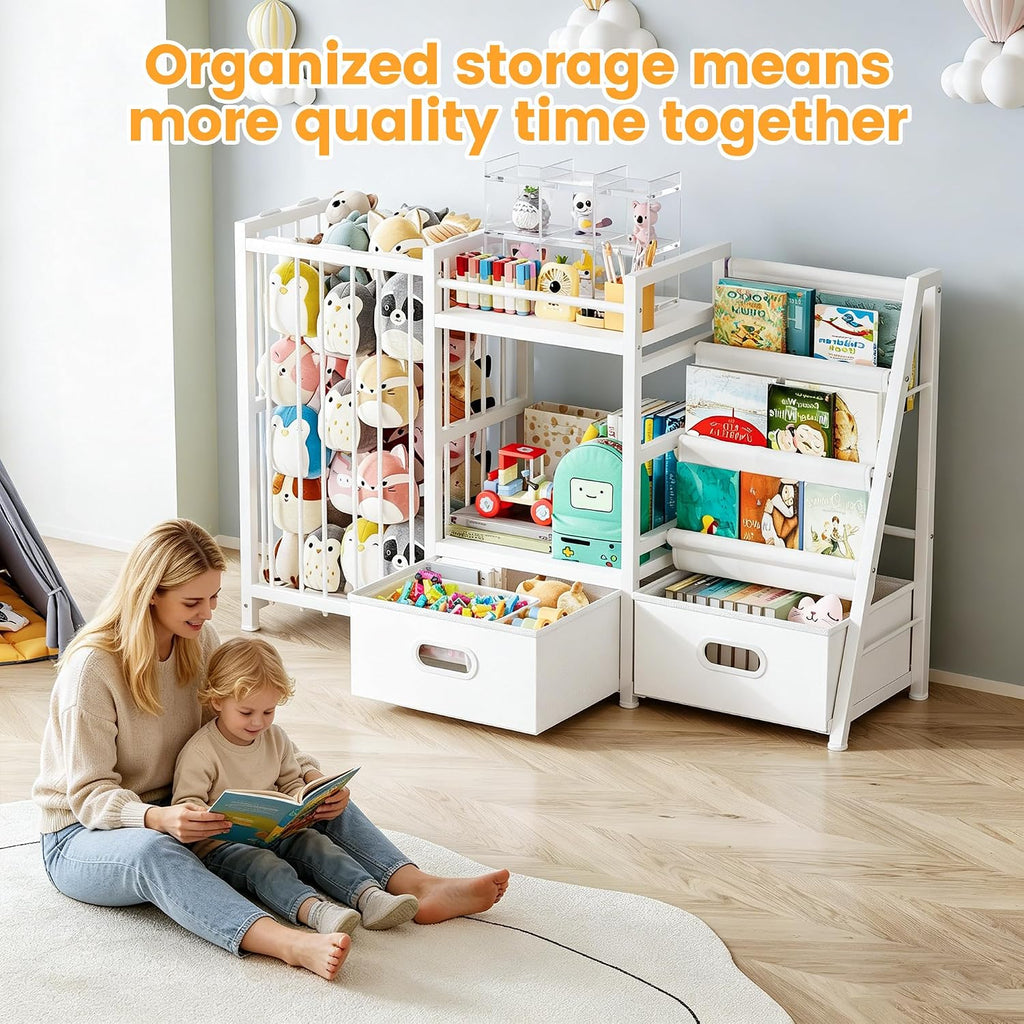 Kids Bookshelf and Toy Storage Organizer with Drawers, 49.3"W×11.8"Dx30.3"H | 3-Tier Book Shelves, 2 Drawers, Stuffed
