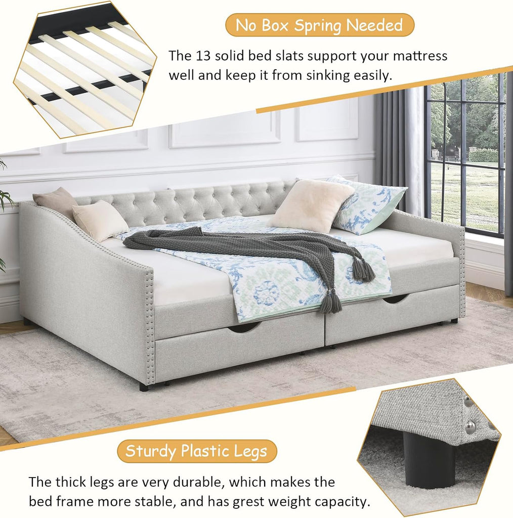 Wood Queen Size Daybed, Day Bed Frame with 2 Storage Drawers, Upholstered Bed Frame Queen Sofa Couch with Button and