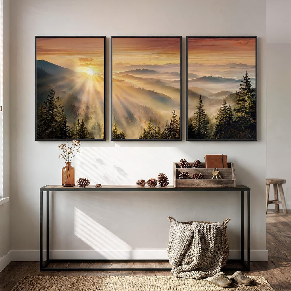 Large Framed Mountain Landscape Wall Art , 3 Piece Foggy Forest Sunset Canvas Artwork, Scenery Nature Picture Prints