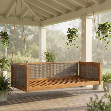 Twin Size Porch Swing Bed, Acacia Wood Outdoor Hanging Daybed with Hemp Rope, Rattan Swing Bench , Backyard, Garden